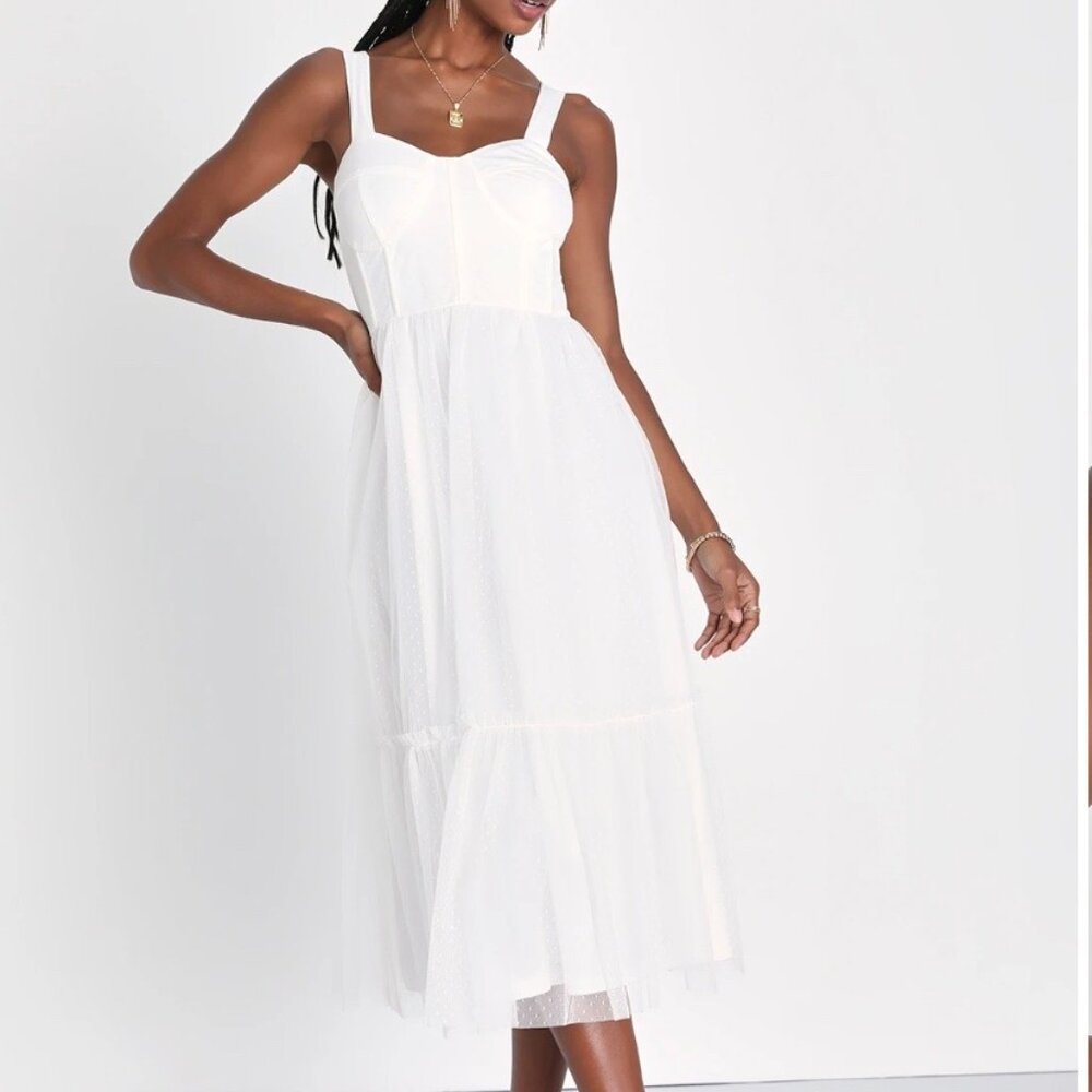 NWT Lulus Feeling Gorgeous White Swiss Dot Tulle Bustier Midi Dress